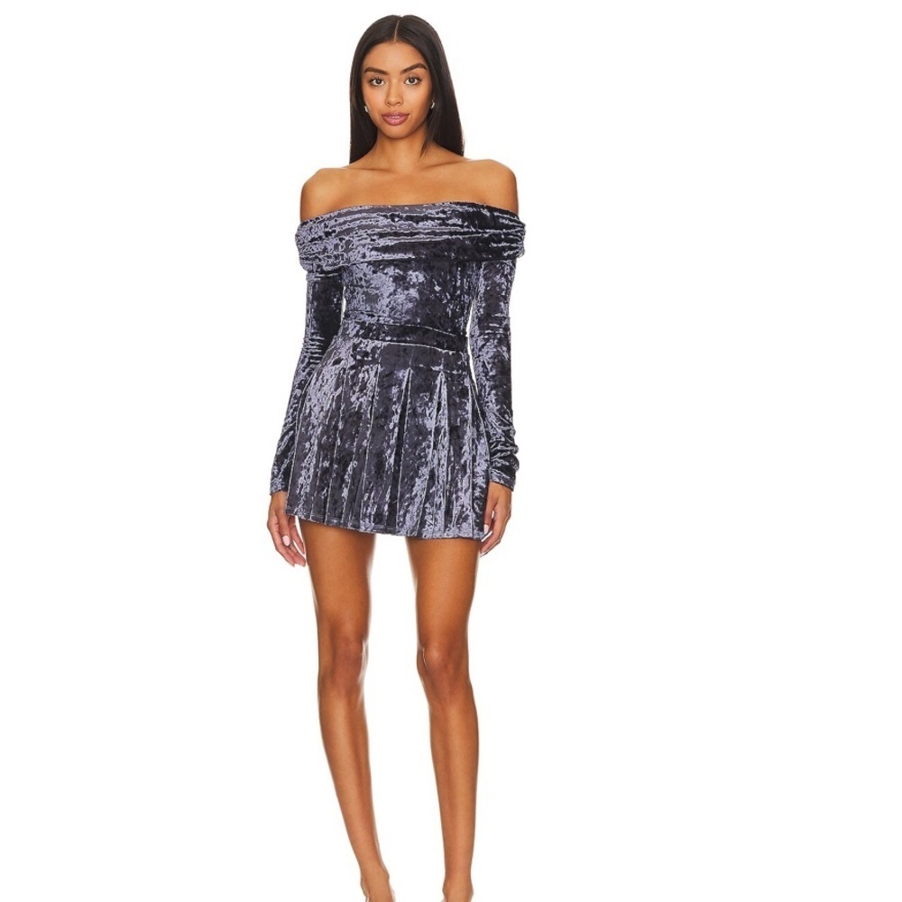 Set of Lovers + Friends Midnight Velvet Off-Shoulder Top and EMMRY Mini Skirt